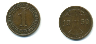 ГЕРМАНИЯ 1 РЕЙХСПФЕННИГ 1930 F KM 37, J. 313 бронза 46-921