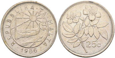 Мальта 25 центов 1986 шиповник вечнозелёный KM 80 медно-никель 4586-1245