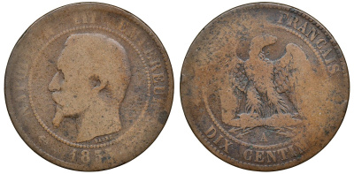 ФРАНЦИЯ 10 САНТИМОВ 1855 А, НАПОЛЕОН III (1852-1870) KM 771.1, LE FRANC 133.19 бронза 72-532
