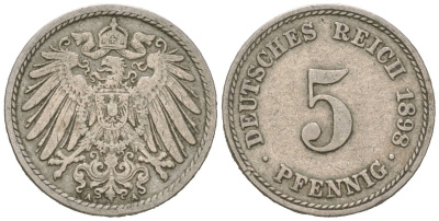 Германия 5 пфеннигов 1898 A, Вильгельм II (1888-1918) KM 11, J. 12 медно-никель 4615-729