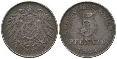 Германия 5 пфеннигов 1921 A KM 19, AKS 17, J 297, Schon DM 20, Neum 33 железо 4588-569