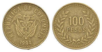 Колумбия 100 песо 1994 KM 285 латунь 4114-1045