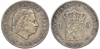 Нидерландские Антилы 1 гульден 1964 Юлиана (1948-1980) KM 2 серебро 36-1044