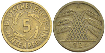 ГЕРМАНИЯ 5 РЕНТЕНПФЕННИГОВ 1924 A KM 43, J. 308, Weege 6 алюминиевая бронза 206-763