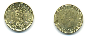 Испания 1 песета 1975 (76) Хуан Карлос I (1975-2001) KM 806 алюминиевая бронза 80-1122