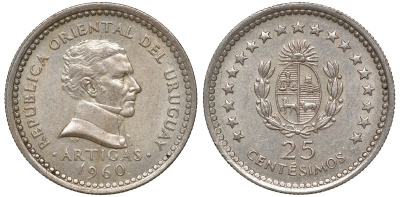 Уругвай 25 сентесимо 1960 KM 40 медно-никель 4169-1039
