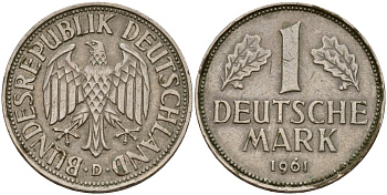 ФРГ 1 марка 1961 D KM 110, J. 385 медно-никель 4159-1044
