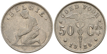 Бельгия 50 сантимов 1928 Belgie KM 88 никель 116-823