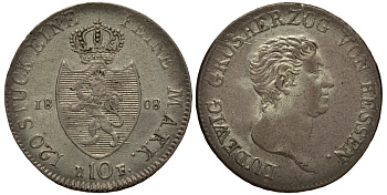 Гессен-Дармштадт 10 крейцеров 1808 RF, Великий Герцог Людвиг I (1806-1830) KM 271 серебро 00-000-00