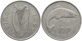 Ирландия 10 пенсов 1969 лосось KM 23 медно-никель 3855-1233