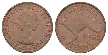 Австралия 1 пенни 1962 . , Елизавета II (1952-2022), кенгуру KM 56 бронза 82-1222