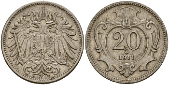 Австрия 20 геллеров 1911 Франц Иосиф I (1848-1916) KM 2803 никель 4154-848