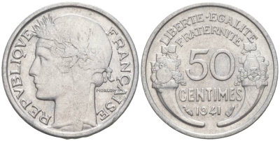 ФРАНЦИЯ 50 САНТИМОВ 1941 ТИП MORLON LOURDE KM 894.1a, LE FRANC 193.2 алюминий 44-158