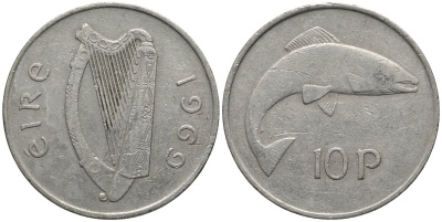 Ирландия 10 пенсов 1969 лосось KM 23 медно-никель 3855-1233