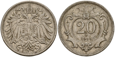 Австрия 20 геллеров 1911 Франц Иосиф I (1848-1916) KM 2803 никель 4154-848