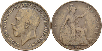 Великобритания 1 пенни 1918 Георг V (1910-1936) KM 810, Spink 4051 бронза 4531-221
