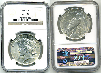 США 1 ДОЛЛАР 1922 ДОЛЛАР МИРА, В СЛАБЕ NGC KM 150 серебро AU 58 00-000-00