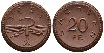 Саксония 20 пфеннигов 1921 колосья и серп J. N 53 фарфор UNC 1094-9-31