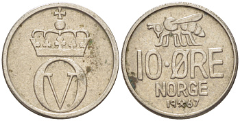 Норвегия 10 эре 1967 пчела, Улаф V (1958-1991) KM 411 медно-никель 4181-1244