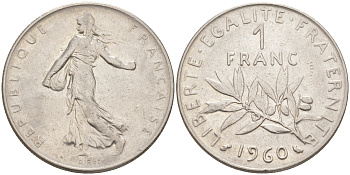 Франция 1 франк 1960 сеятель KM 925.1, Le Franc 226.4 никель 4513-651