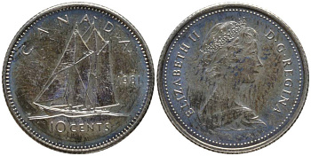 Канада 10 центов 1981 Елизавета II (1952-2022), парусник KM 77.2 никель UNC 218-1019
