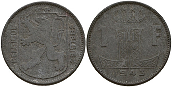 Бельгия 1 франк 1943 Belgique - Belgie, Леопольд III (1934-1947), германская оккупация, Вторая мировая война KM 127 цинк 4161-536