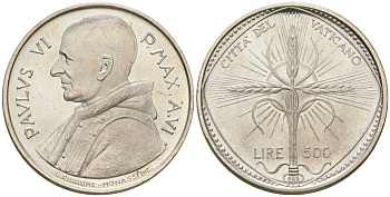 Ватикан 500 лир 1968 Павел VI (1963-1978) KM 107 серебро UNC 32-424