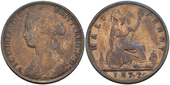 Великобритания 1/2 пенни 1872 Виктория (1837-1901) KM 748.2, Spink 3956 бронза 4584-315