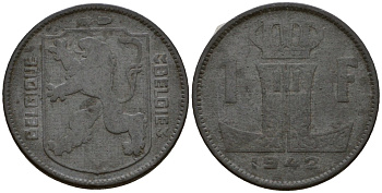 Бельгия 1 франк 1942 Belgique - Belgie KM 127 цинк 65-652