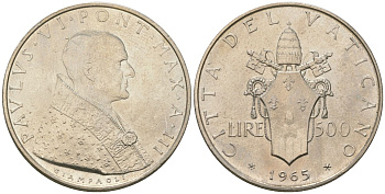 Ватикан 500 лир 1965 Павел VI (1963-1978), тираж 70.000 экземпляров KM 83 серебро UNC 32-225