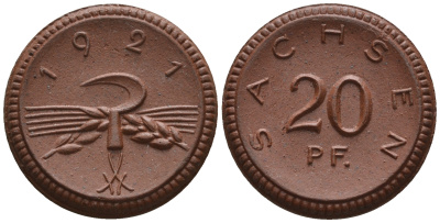 Саксония 20 пфеннигов 1921 колосья и серп J. N 53 фарфор UNC 1094-9-31