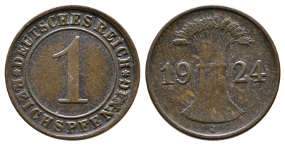 ГЕРМАНИЯ 1 РЕЙХСПФЕННИГ 1924 J KM 37, J.313 бронза 4380-1064