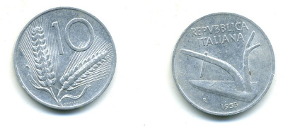 ИТАЛИЯ 10 ЛИР 1955 R, КОЛОСЬЯ, ПЛУГ KM 93 алюминий 25-925
