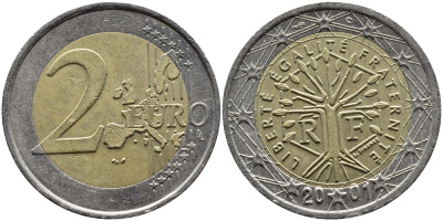 ФРАНЦИЯ 2 ЕВРО 2001 KM 1289 биметалл 4391-112