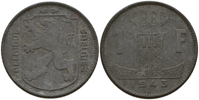Бельгия 1 франк 1943 Belgique - Belgie, Леопольд III (1934-1947), германская оккупация, Вторая мировая война KM 127 цинк 4161-536