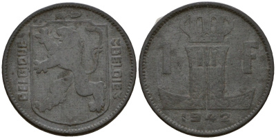 Бельгия 1 франк 1942 Belgique - Belgie KM 127 цинк 65-652