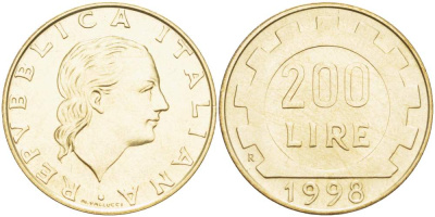 Италия 200 лир 1998 R, шестерня KM 105 алюминиевая бронза 4529-217