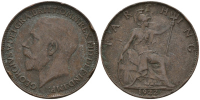 Великобритания 1 фартинг 1922 Георг V (1910-1936), светлая отделка KM 808.2, Spink 4060 бронза 4596-949