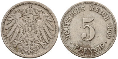 Германия 5 пфеннигов 1909 A J.12, KM 11 медно-никель    4598-1138