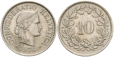 Швейцария 10 раппенов 1970 KM 27 медно-никель 4364-1332