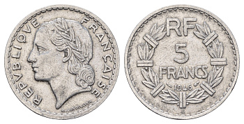 Франция 5 франков 1946 B KM 888b.2, Le Franc 339.7 алюминий 4634-635