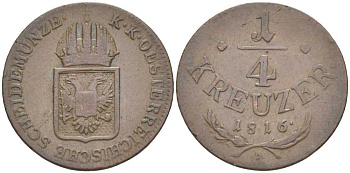 АВСТРИЯ 1/4 КРЕЙЦЕРА 1816 A, ФРАНЦ II (1792-1835) KM 2107 медь 201-864