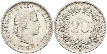Швейцария 20 раппенов 1969 В KM 29а медно-никель 55-913