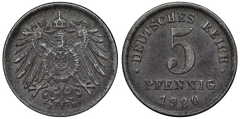 Германия 5 пфеннигов 1920 F KM 19, J. 297, Weege 5 железо 4118-1231