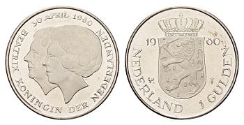 Нидерланды 1 гульден 1980 на коронацию Беатрикс, 30 апреля KM 200 никель UNC 3459-1025