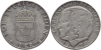 Швеция 1 крона 1978 Карл XVI Густав (1973- ) KM 852 медь плакированная медно-никелем 56-432