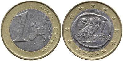 Греция 1 евро 2004 KM 187 биметалл 4390-1213