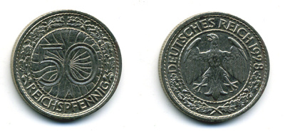 Германия 50 рейхспфеннигов 1928 A KM 49, J.324 никель 58-311