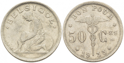 БЕЛЬГИЯ 50 САНТИМОВ 1933 BELGIQUE KM 87 никель 261-1644