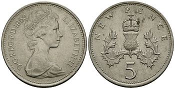 Великобритания 5 пенсов 1969 Елизавета II (1952-2022) KM 911, Spink 4233 (D1) медно-никель 4538-137